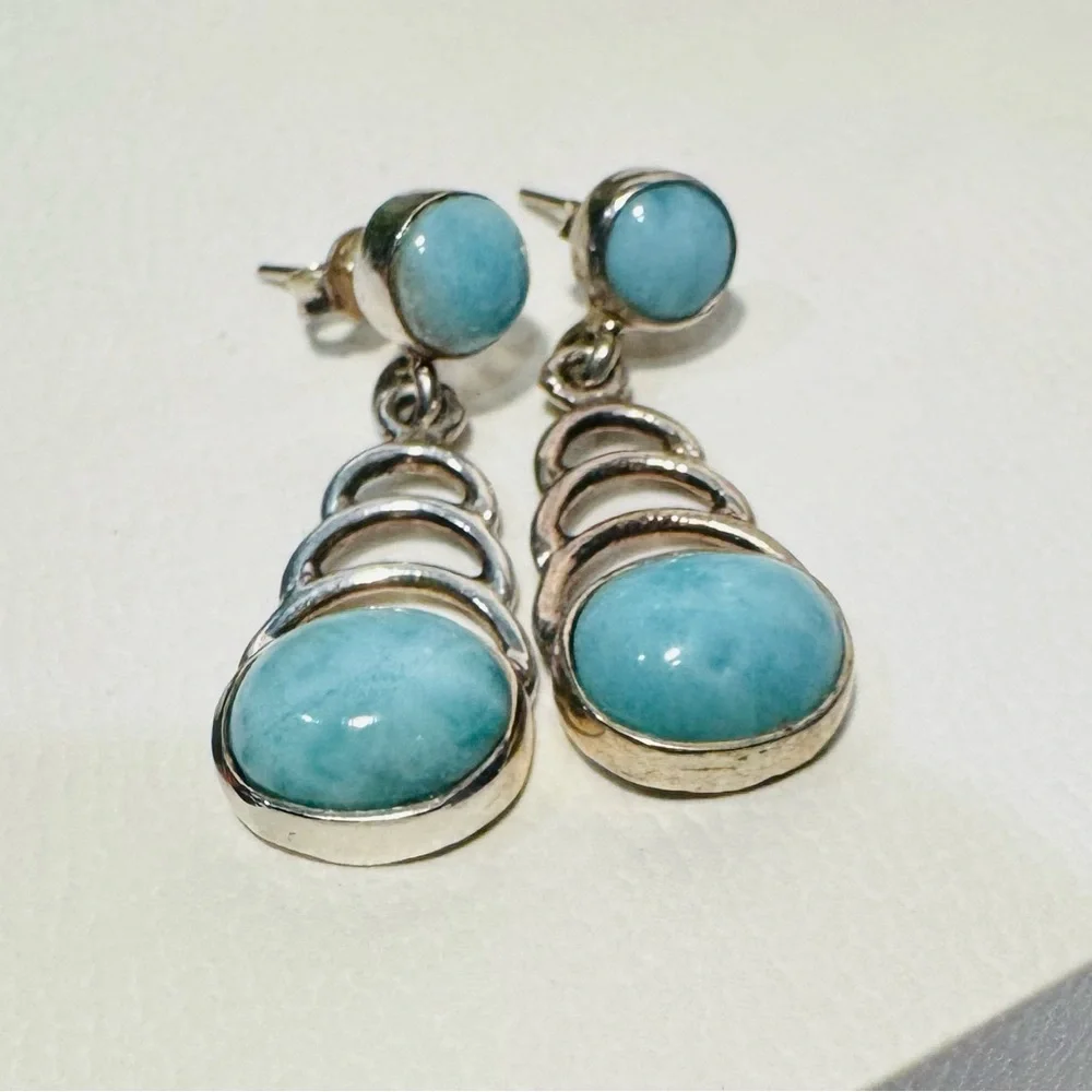 Sterling Silver 925 Larimar Drop Dangle Earrings - Picture 10 of 11